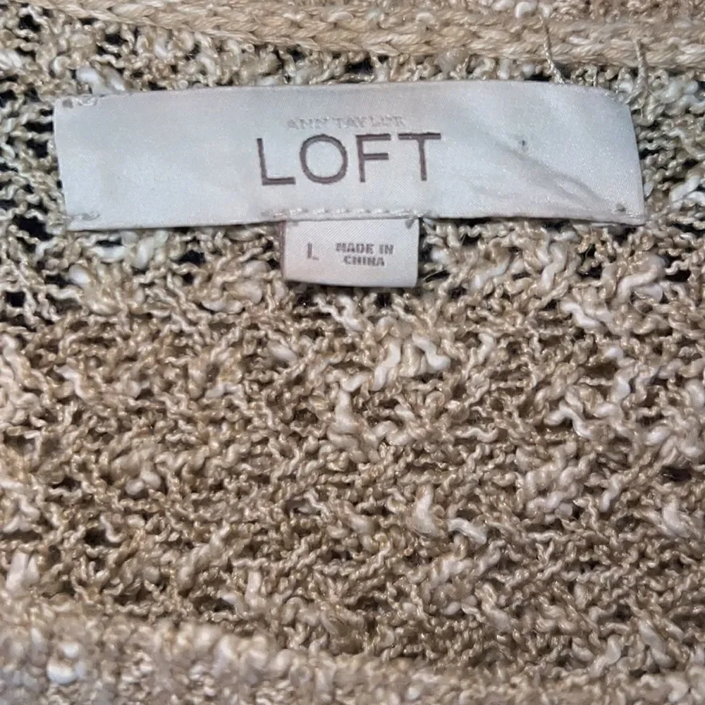 LOFT Beige and Navy Striped Cotton Linen Blend Loose Knit Sweater-L